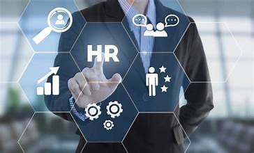 Business person interacting with HR icon diagram
