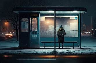 A person waiting at a snowy bus stop at night