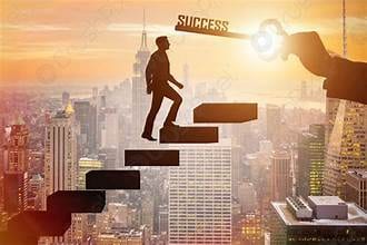 Businessman climbing steps toward a key labeled success above a city skyline