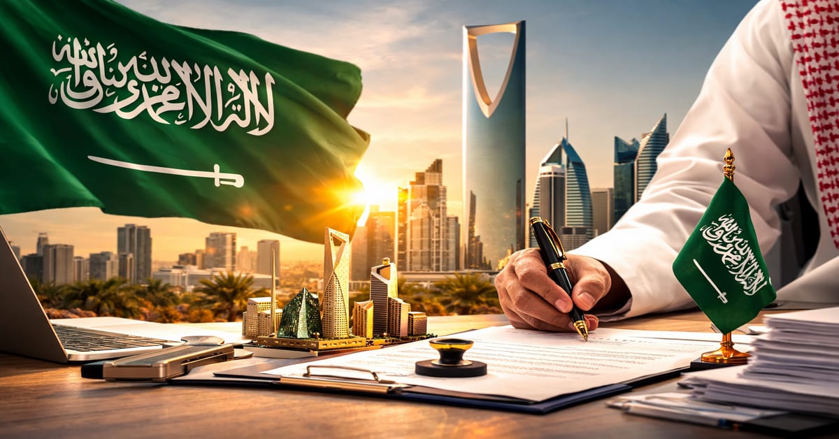 Businessman signing documents with the Saudi flag and Riyadh skyline behind him