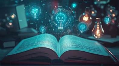 An open book with glowing digital idea icons rising above it